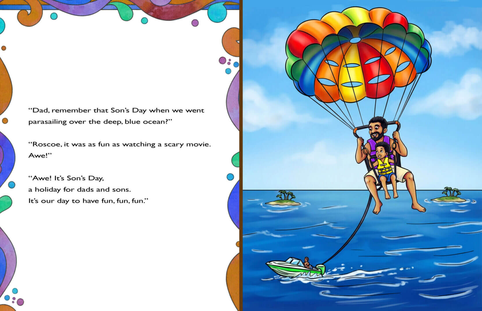 Father and child parasailing over blue ocean