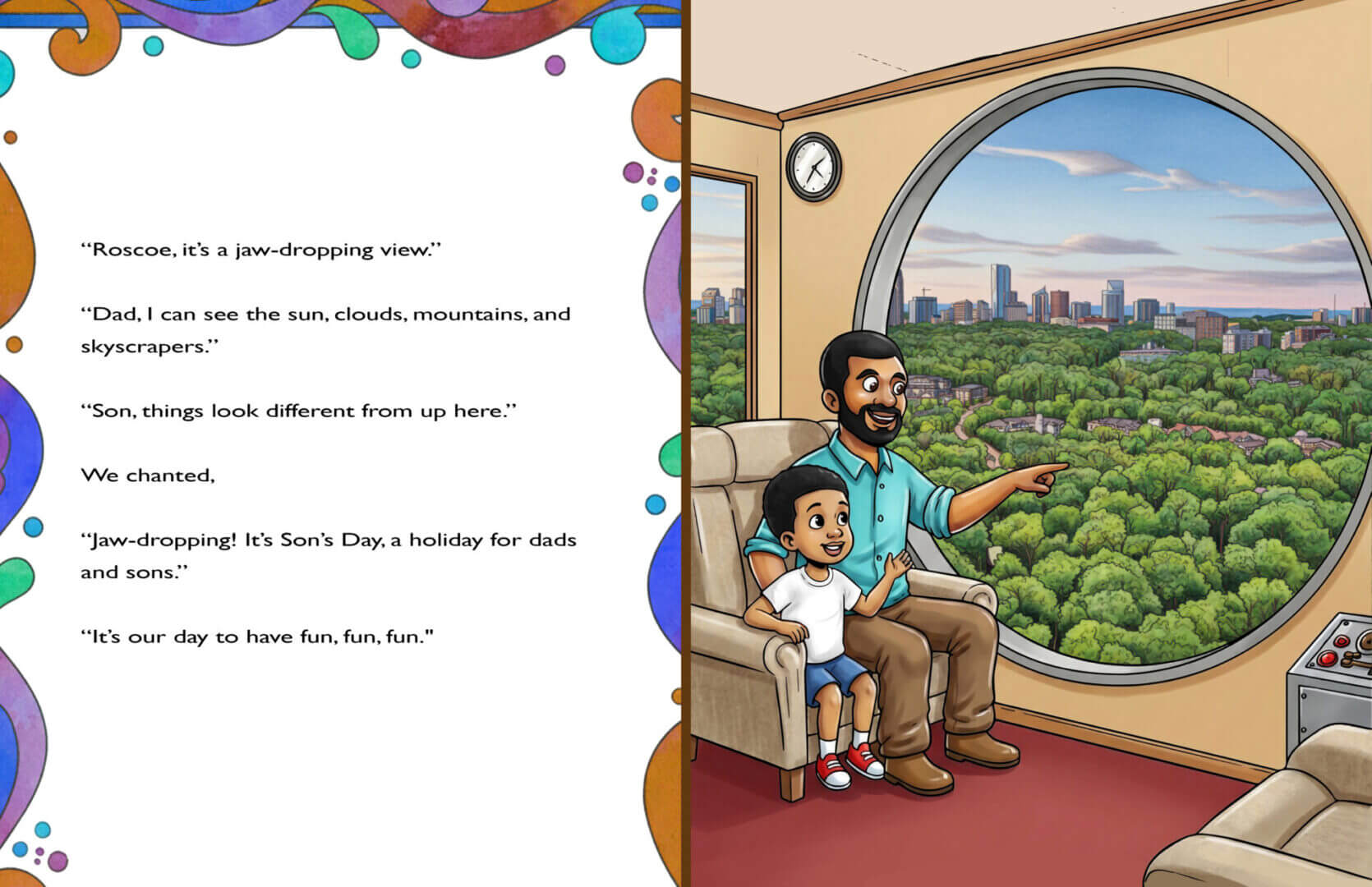 Father and son pointing from airplane's round window